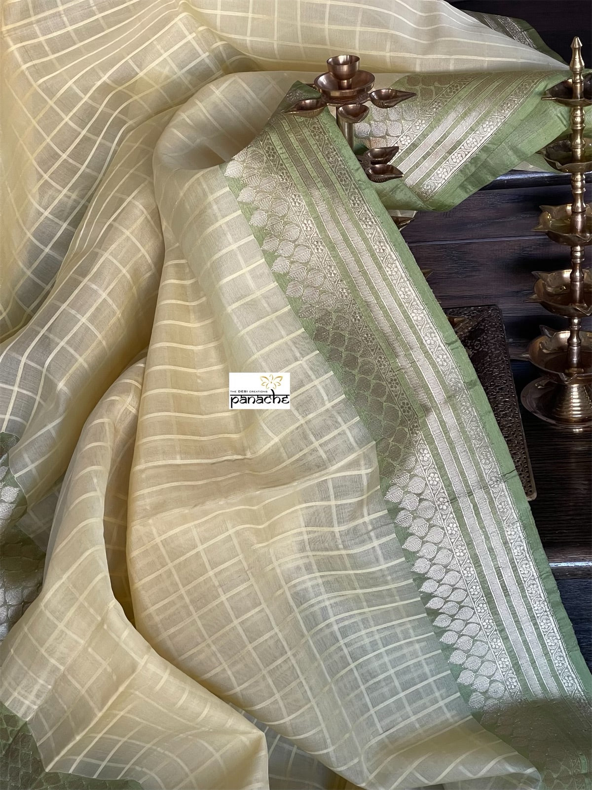 Organza Silk Banarasi - Light Lemon Yellow Green Kadwa woven