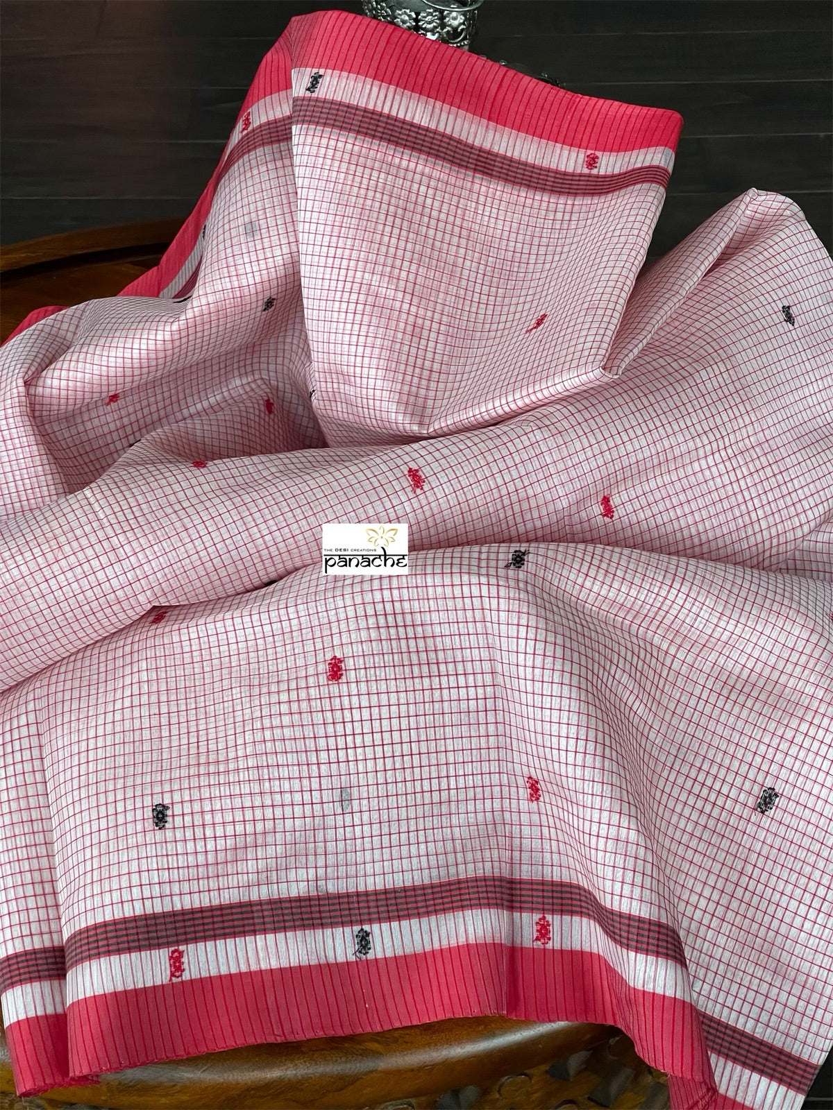 Pure Chanderi Organza Silk - Off White Red Checkered