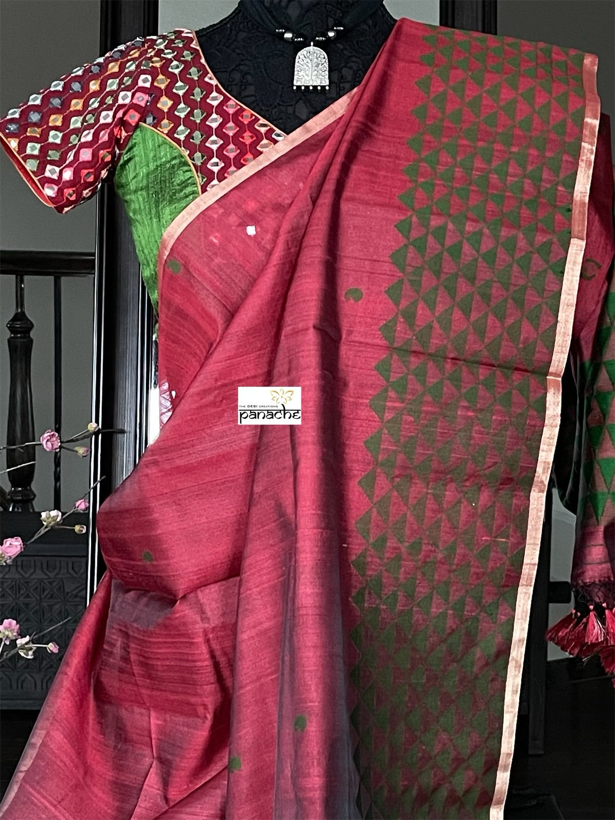 Tussar Silk - Maroon Green