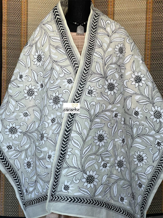 Pure Khadi Silk Stole - Beige White Black Kantha Stitch