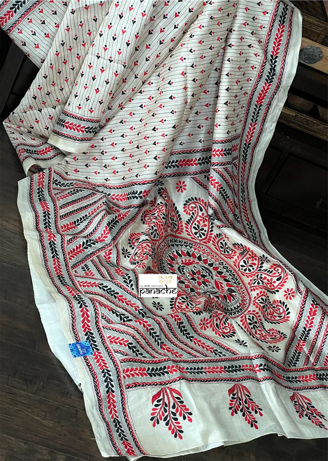 Pure Tussar Silk Kantha Stitch -  Beige Red Black