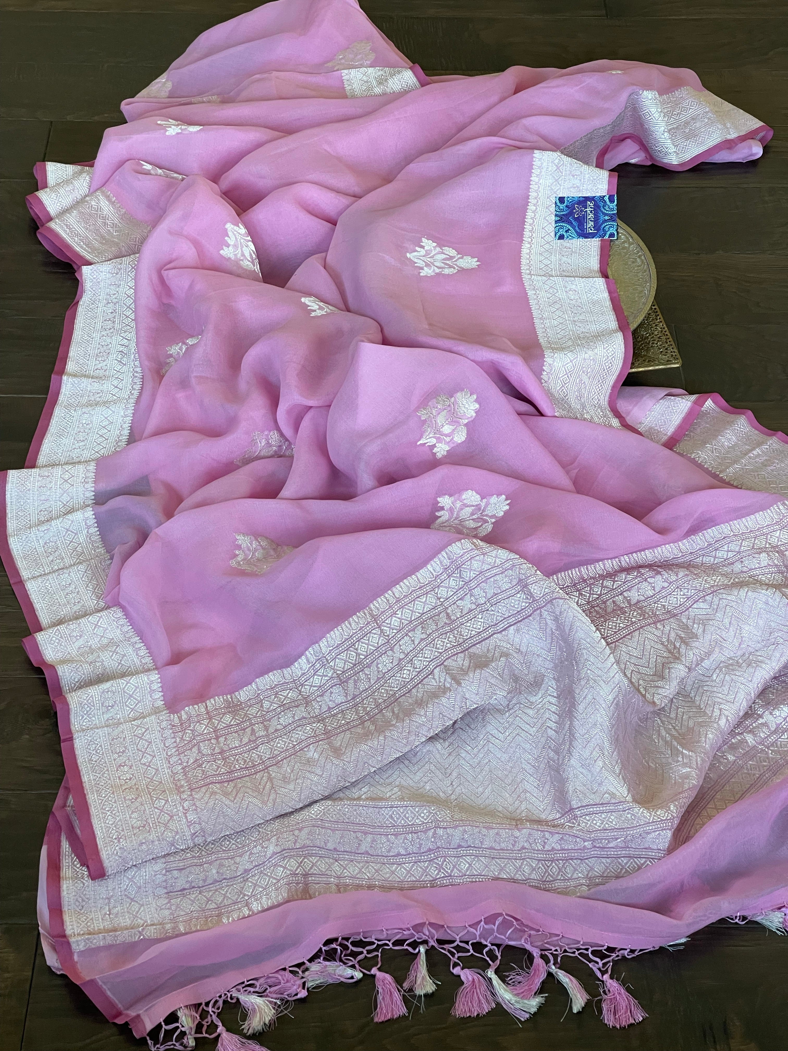 Khaddi Georgette Silk Banarasi - Pink Khadhua Woven