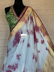 Khaddi Georgette Banarasi - Off-White Wine Purple Tie-dye Khadhua Woven