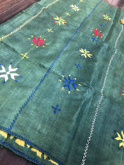 Pure Tussar Silk - Bottle Green Yellow Printed Kantha Stitch