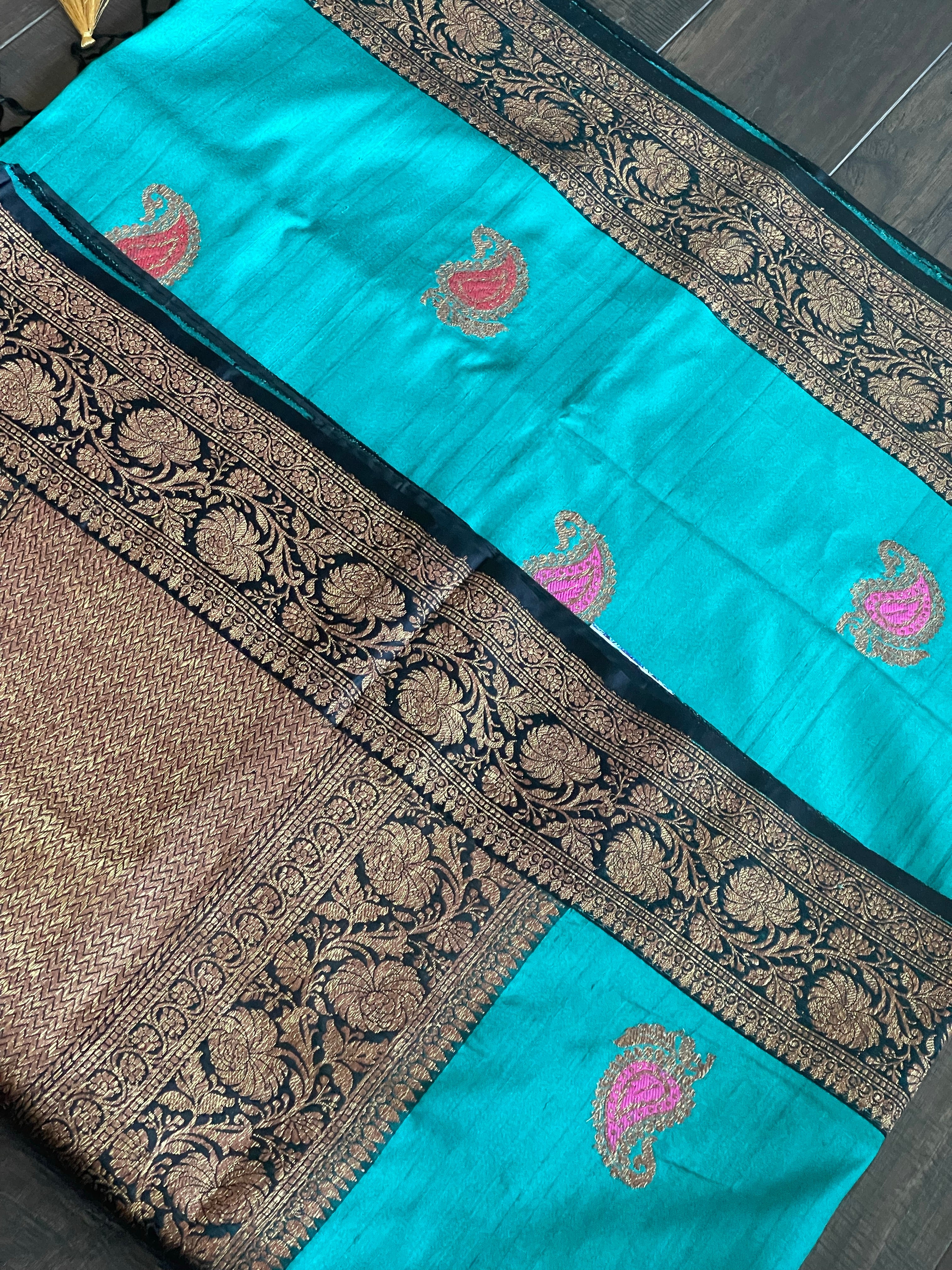 Tussar Silk Banarasi - Firozi Blue Black Meenakari
