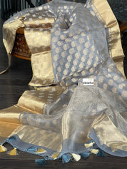 Pure Chanderi Organza Silk - Grey Eknaliya Lotus Woven