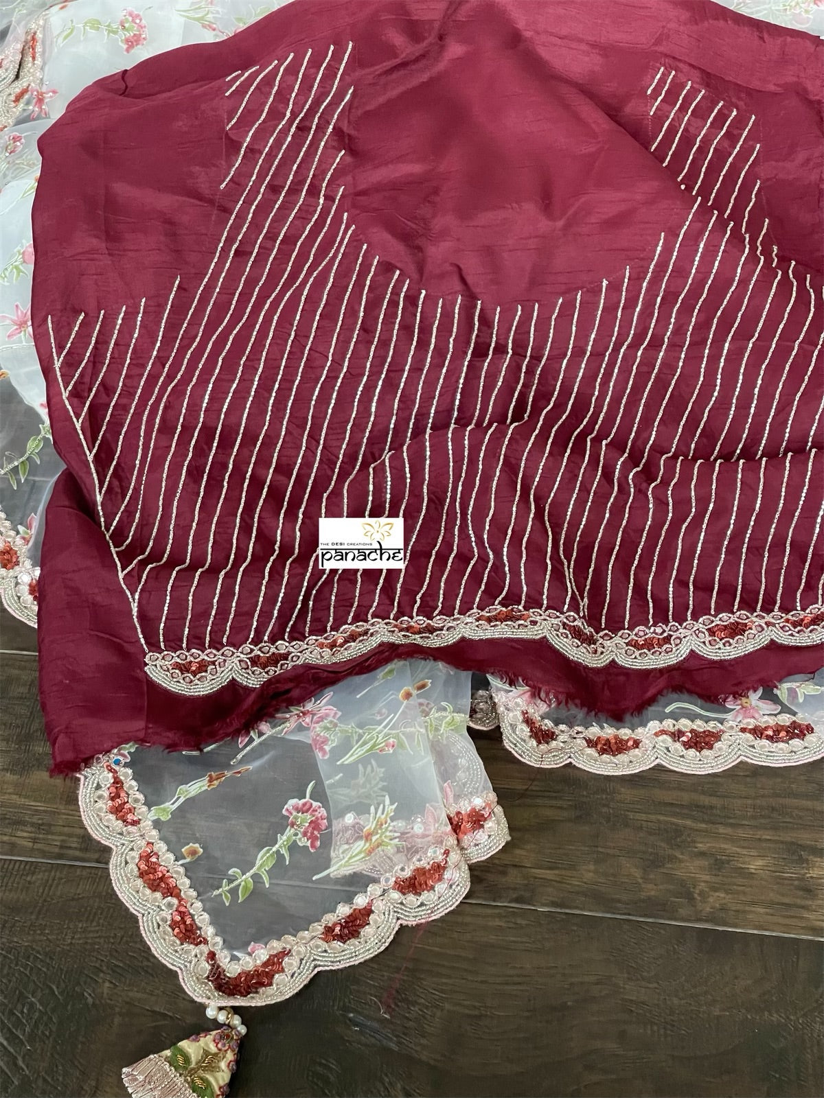 Designer Organza - Off-white Maroon Hand embroidered