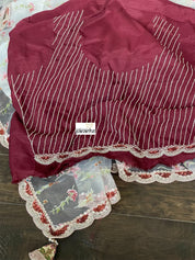 Designer Organza - Off-white Maroon Hand embroidered