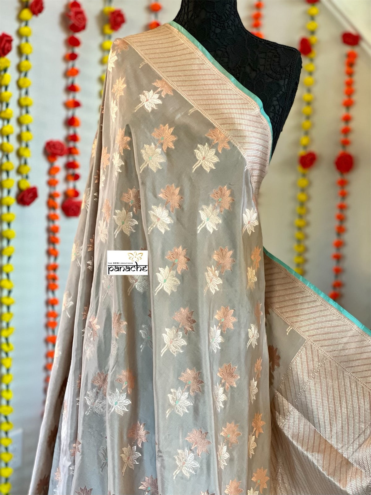 Pure Katan Silk Banarasi - Grey Kadhwa woven