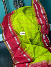 Silk Gadwal - Lime Green Red Checkered Golden Zari