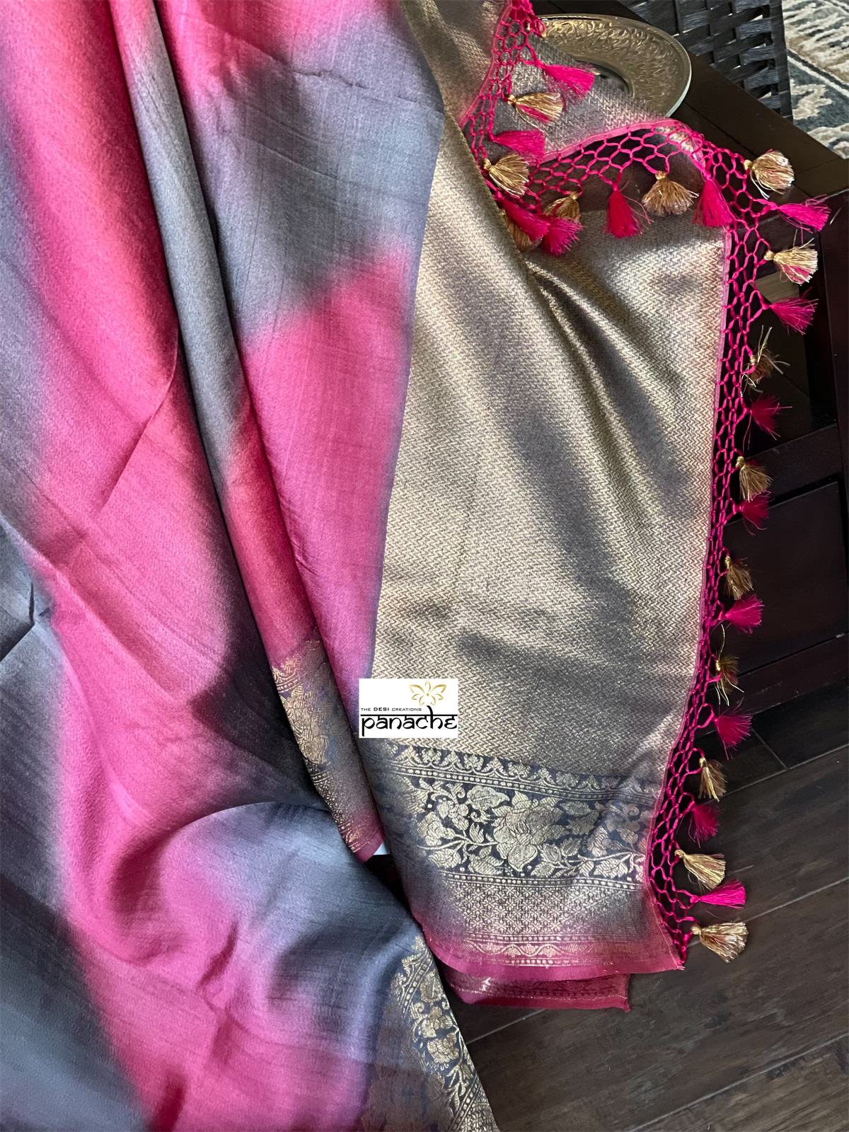 Tussar Silk Banarasi Shaded - Grey Raspberry Pink Antique Golden Zari