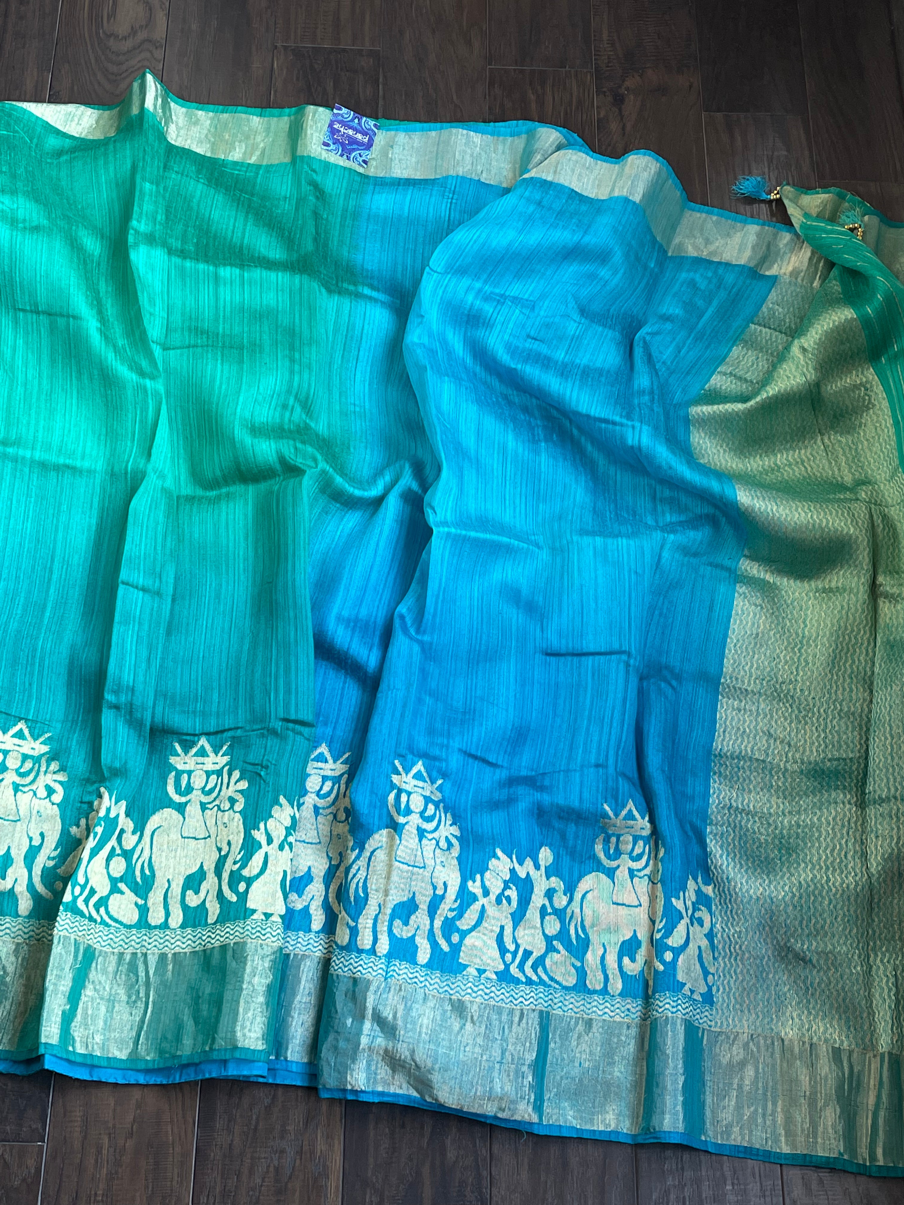 Raw Silk Banarasi - Firozi Blue Sea Green Shaded