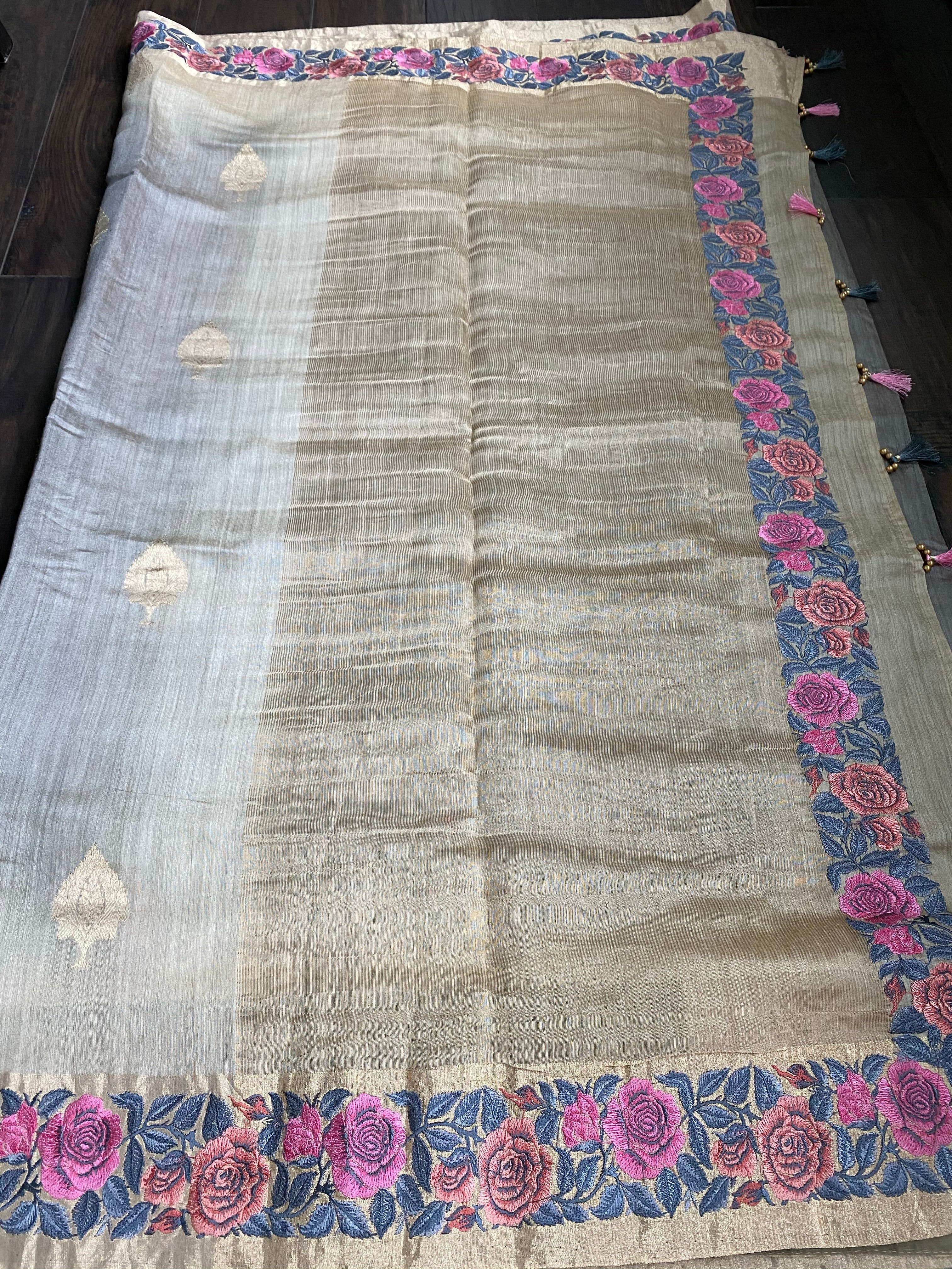 Embroidered Muga Silk - Silver Grey