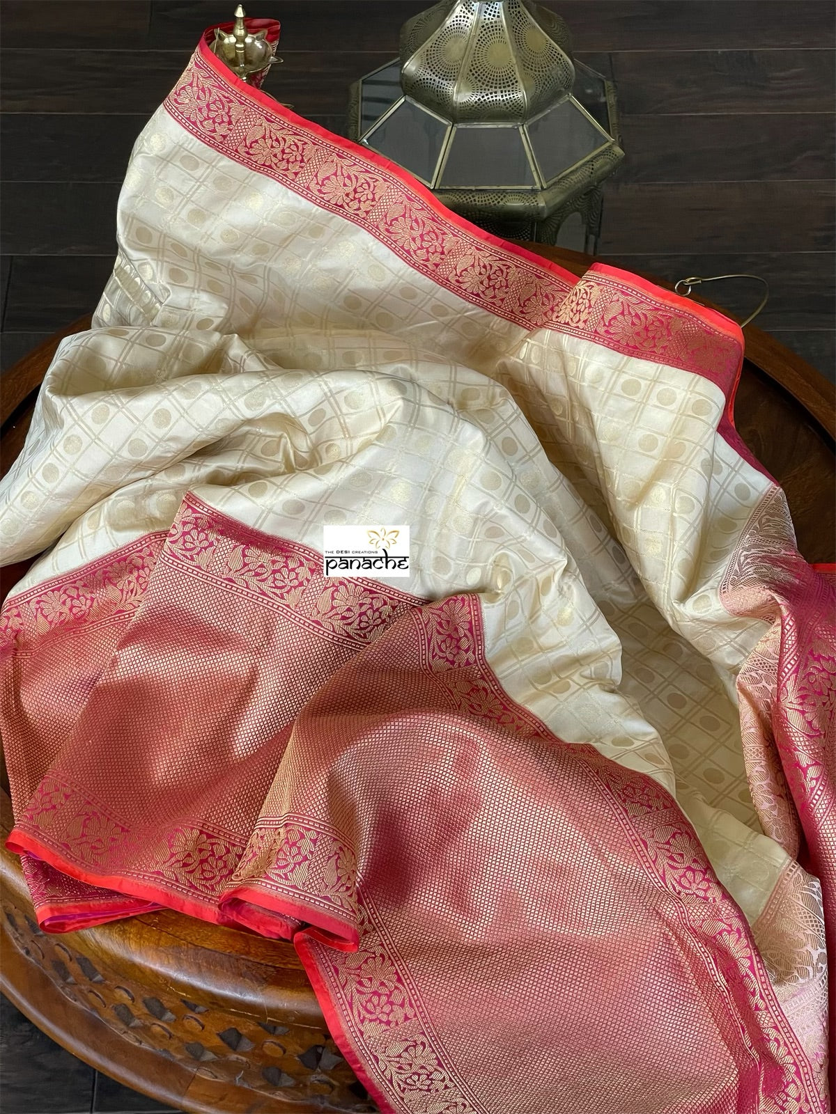 Pure Katan Silk Checkered Banarasi - Golden Beige Magenta Red Kadwa woven