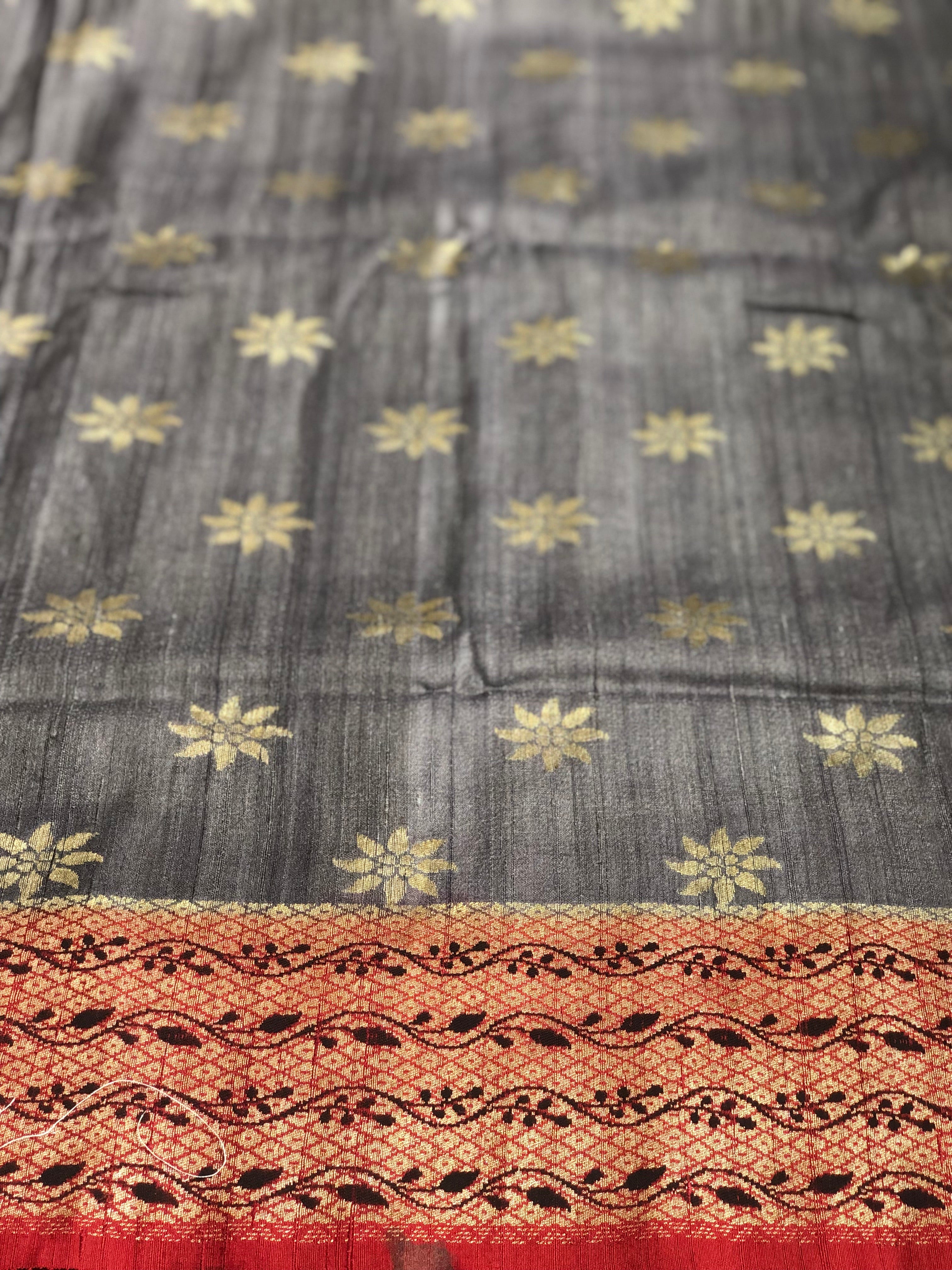 Tussar Georgette Banarasi- Grey Maroon Black