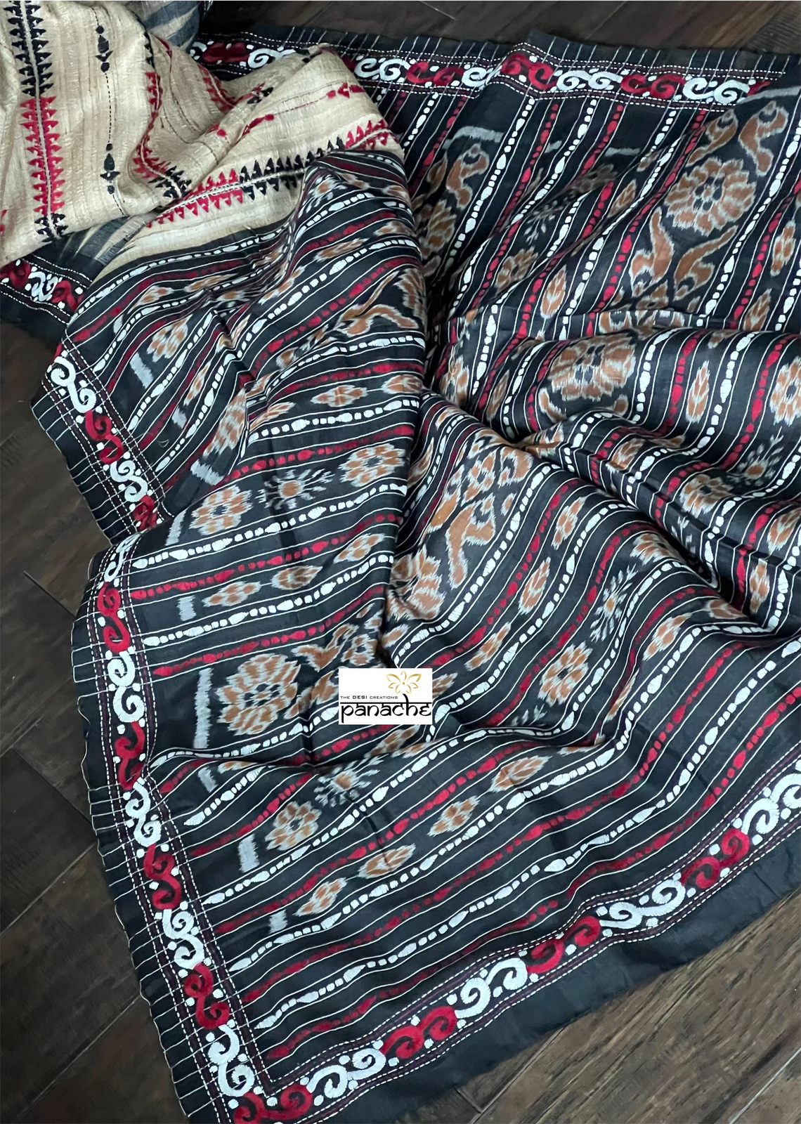 Pure Tussar Gicha Silk Kantha Stitch -  Beige Black
