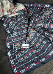 Pure Tussar Gicha Silk Kantha Stitch -  Beige Black