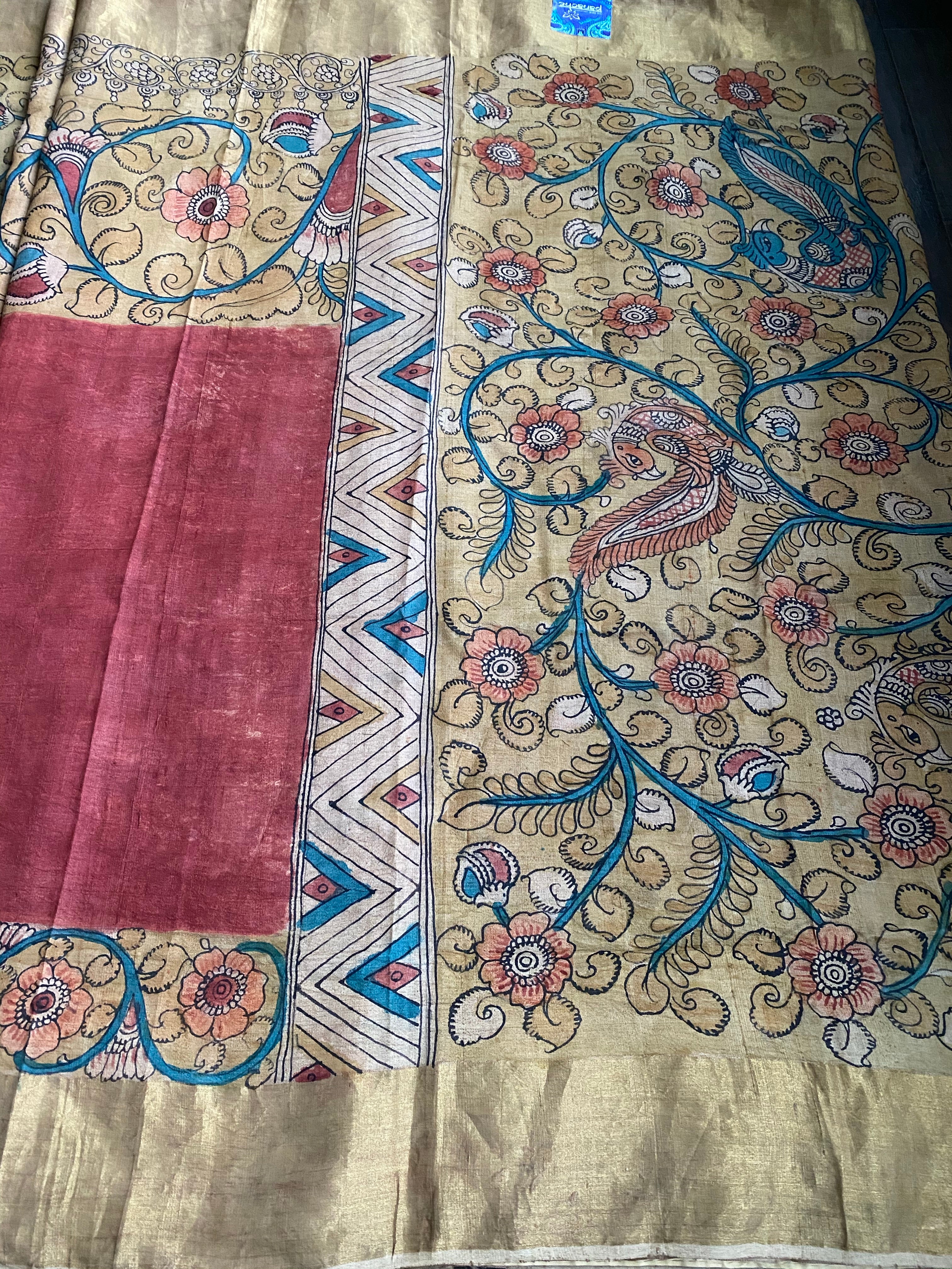 Pen Kalamkari Tussar Silk - Hand-painted Brick Red
