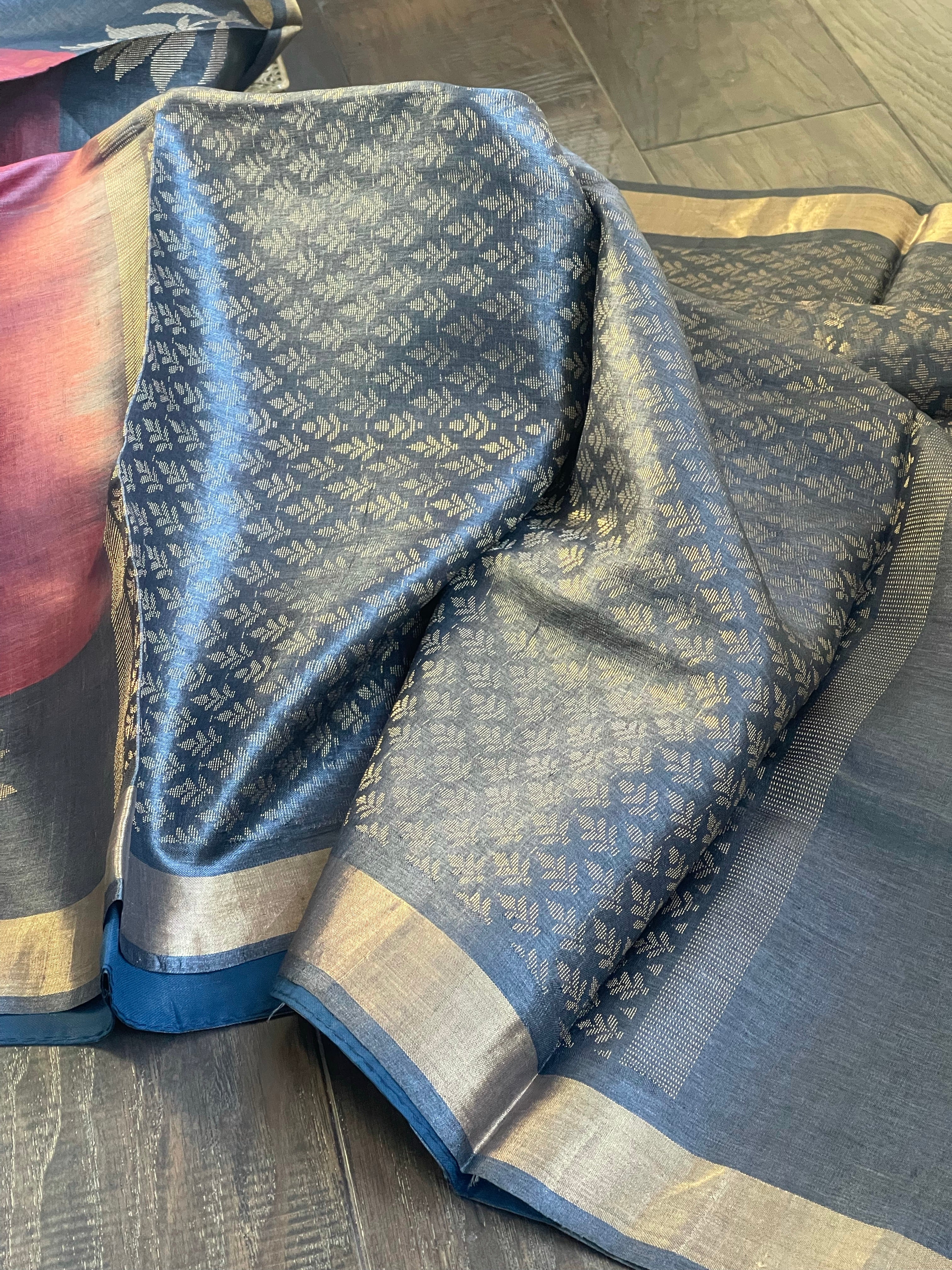 Pure Tussar Silk Woven - Maroon Charcoal Grey
