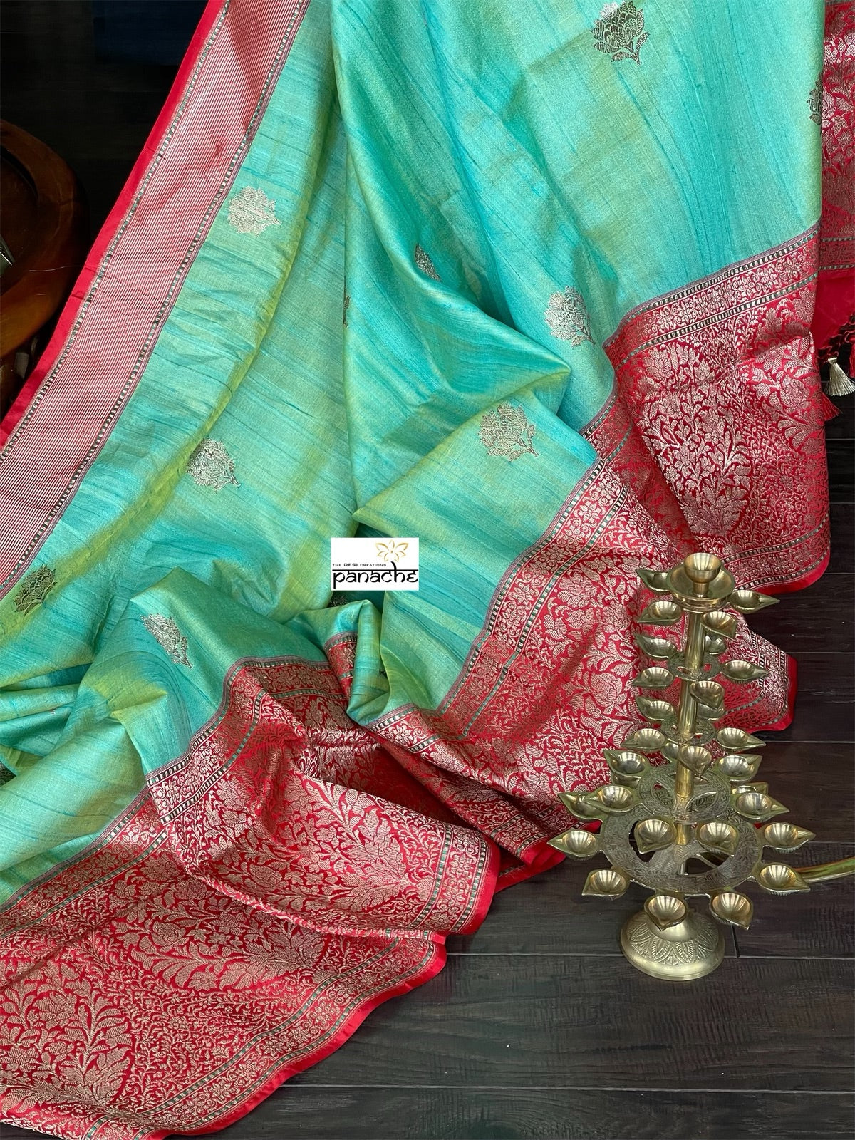Pure Tassur Silk Banarasi - Sea Green Red