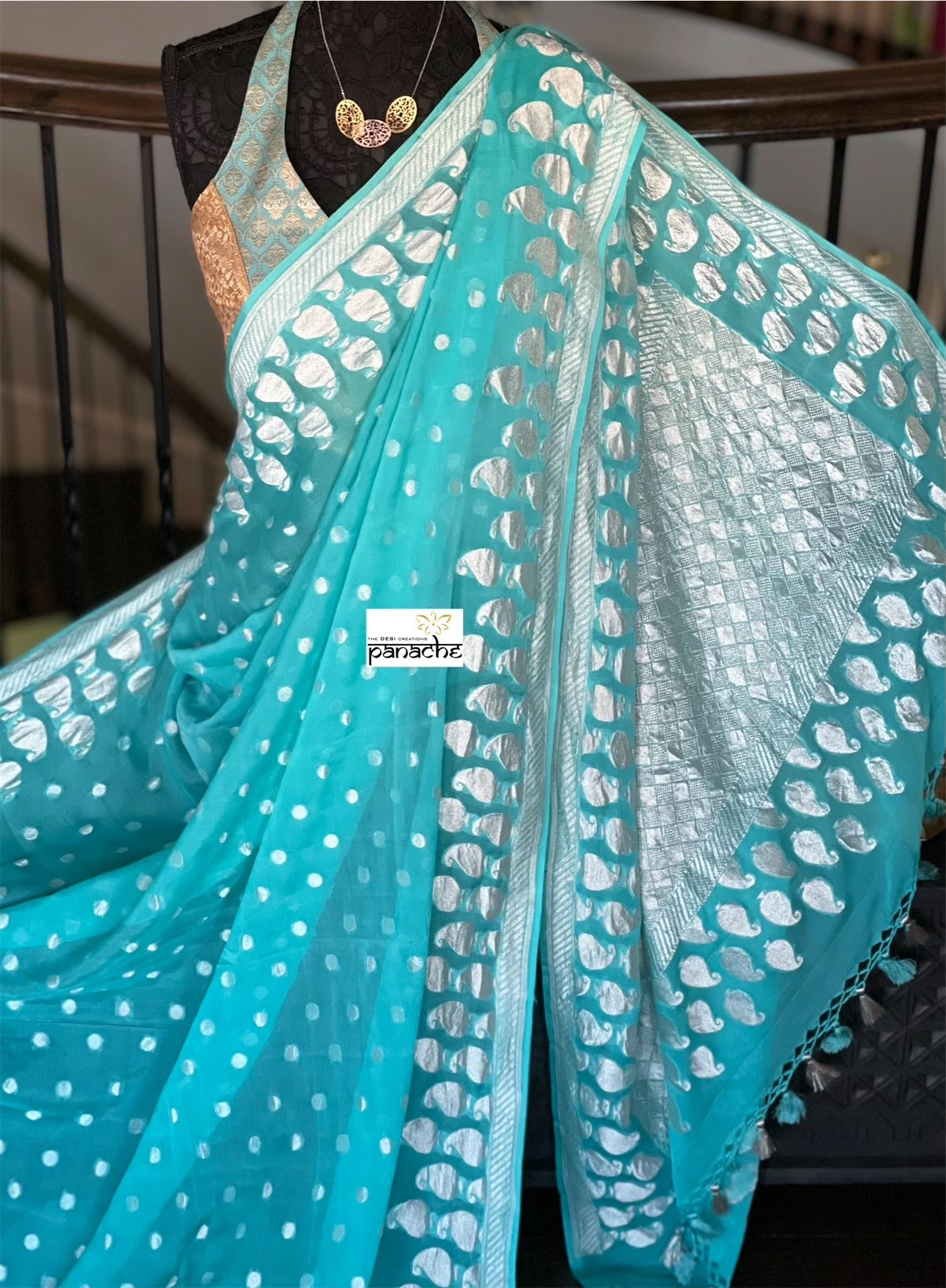 Khaddi Georgette Banarasi - Firozi Blue Silver Zari