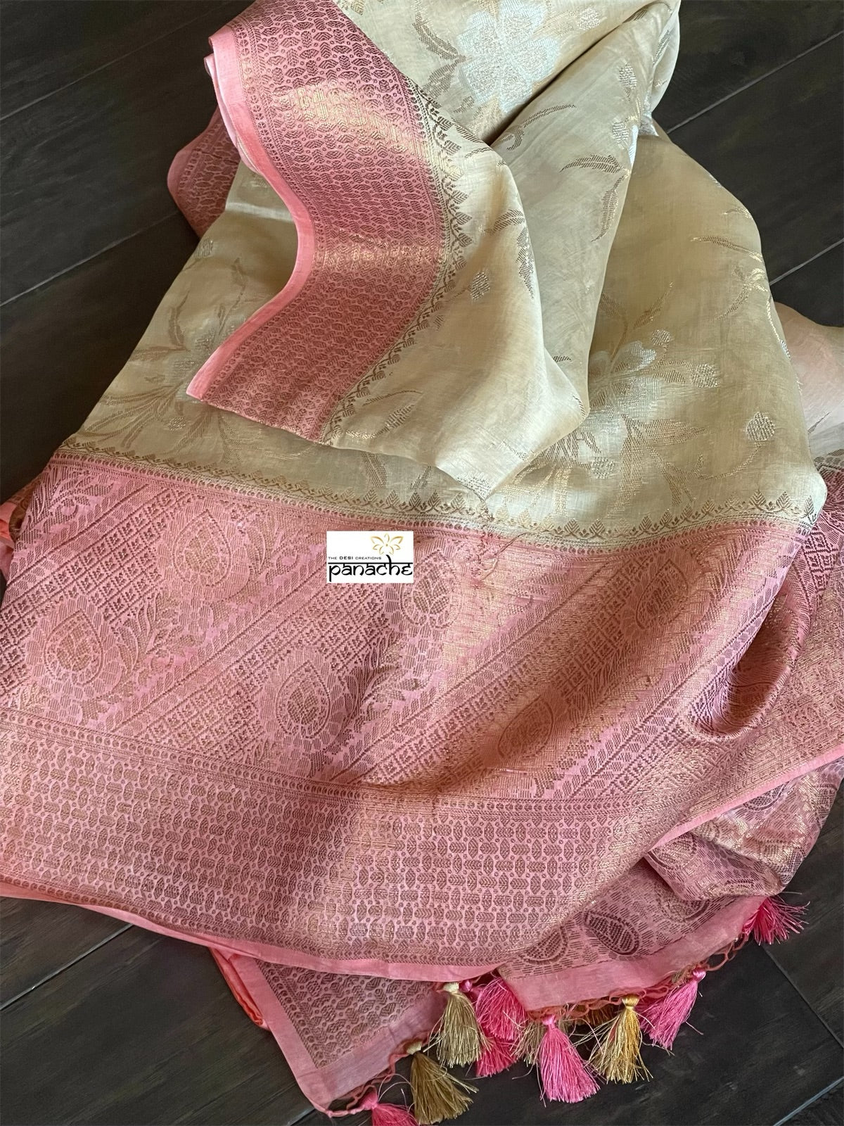 Mulmul Tissue Cotton Banarasi - Tan Beige Pink Golden Zari