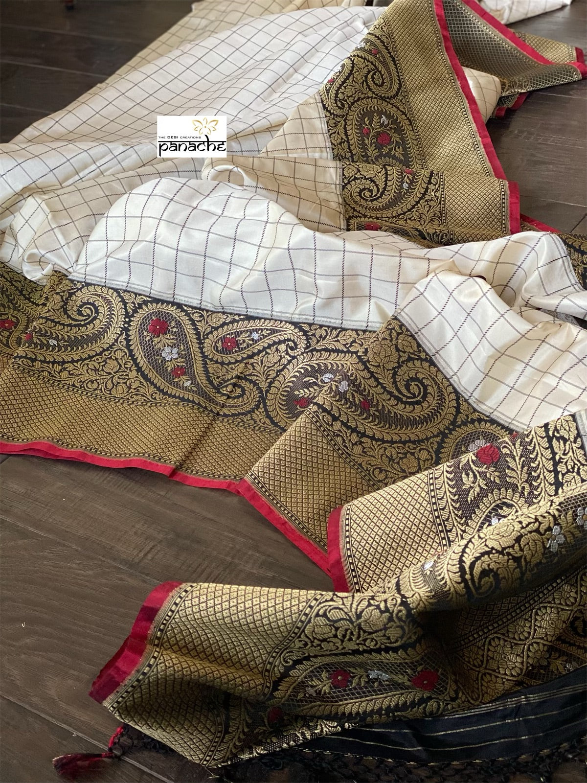Pure Katan Silk Banarasi - Offwhite Black Checkered Kadwa Woven