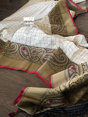 Pure Katan Silk Banarasi - Offwhite Black Checkered Kadwa Woven