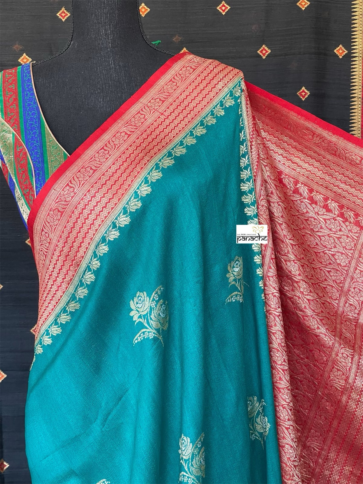 Tussar Georgette Banarasi - Rama Green Red Kadwa