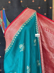Tussar Georgette Banarasi - Rama Green Red Kadwa