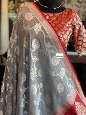 Muga Silk Banarasi - Grey Red Silver Zari
