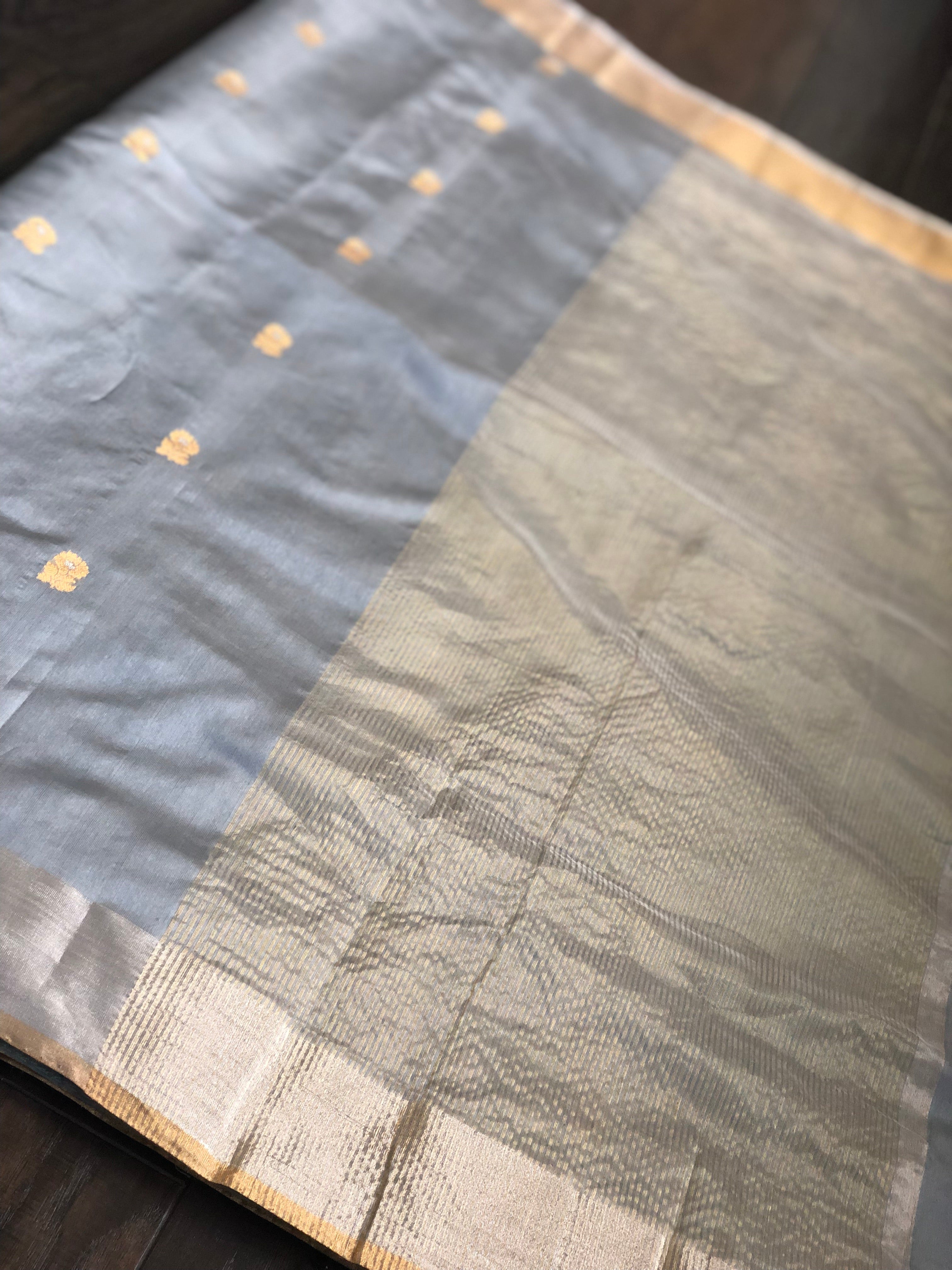 Pure Chanderi Silk - Grey Silver Meenakari