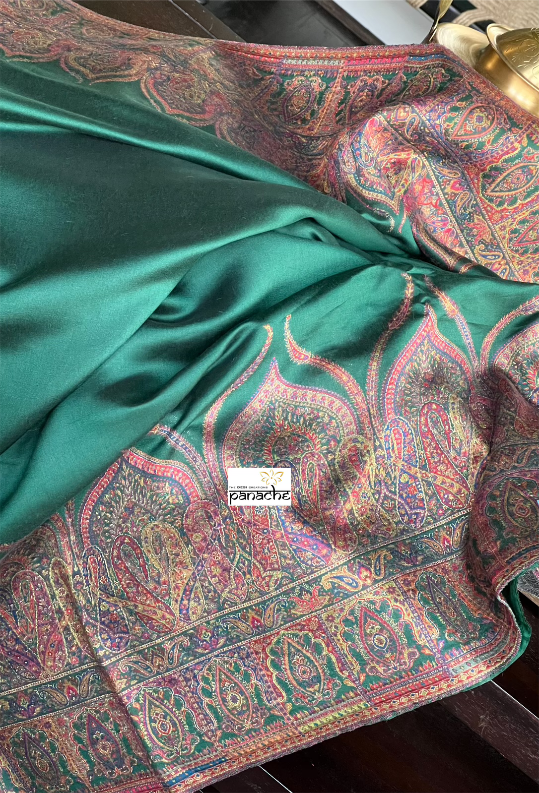 Muga Silk Pashmina Banarasi - Bottle Green Antique Golden Zari