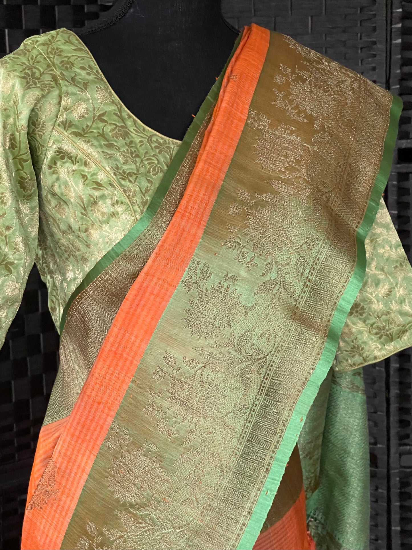 Tussar Silk Banarsi - Orange Green