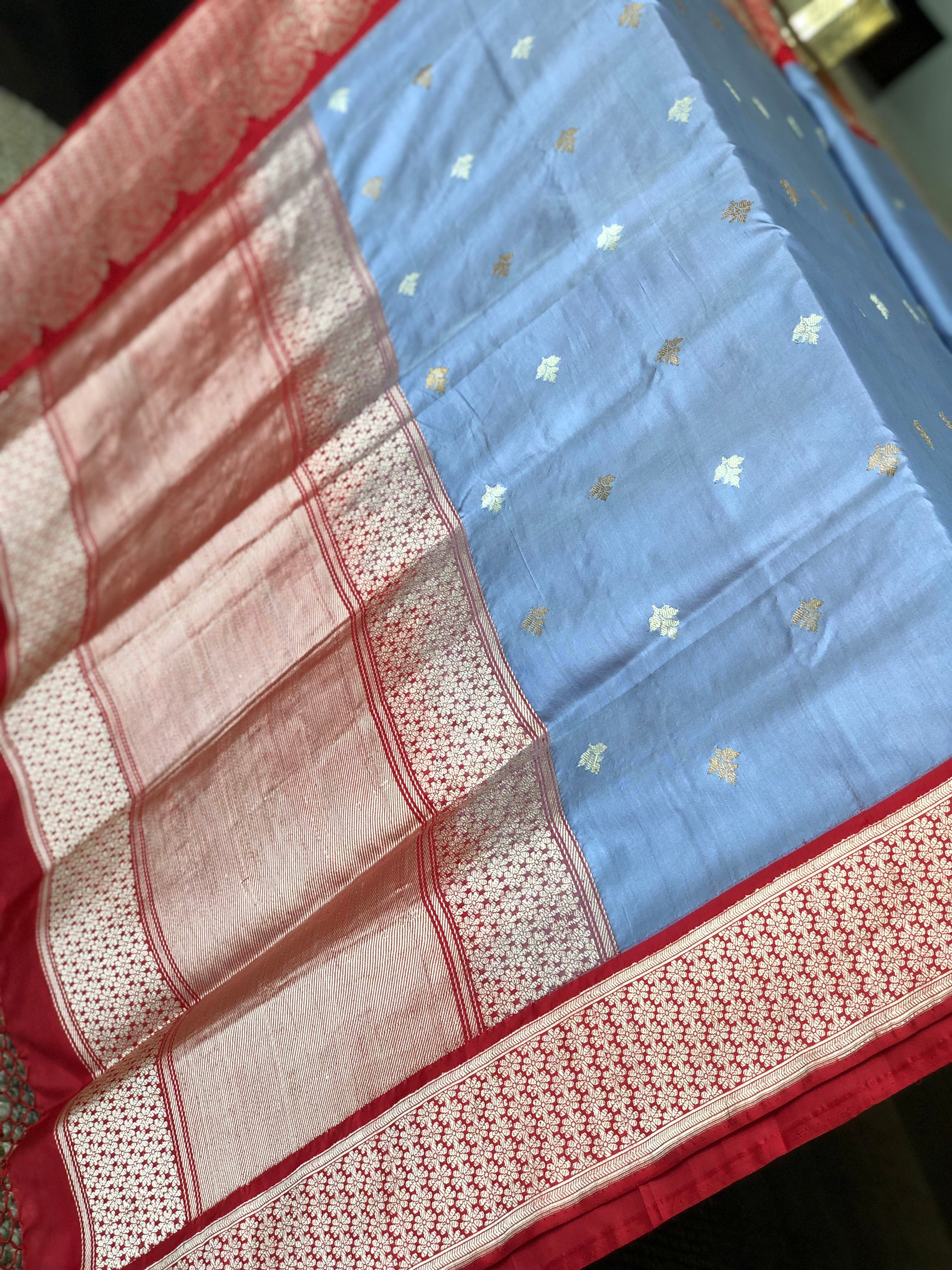 Katan Silk Banarasi - Bluish Grey Red