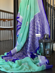 Chiffon Georgette Silk Banarasi - Mint Green Purplish blue