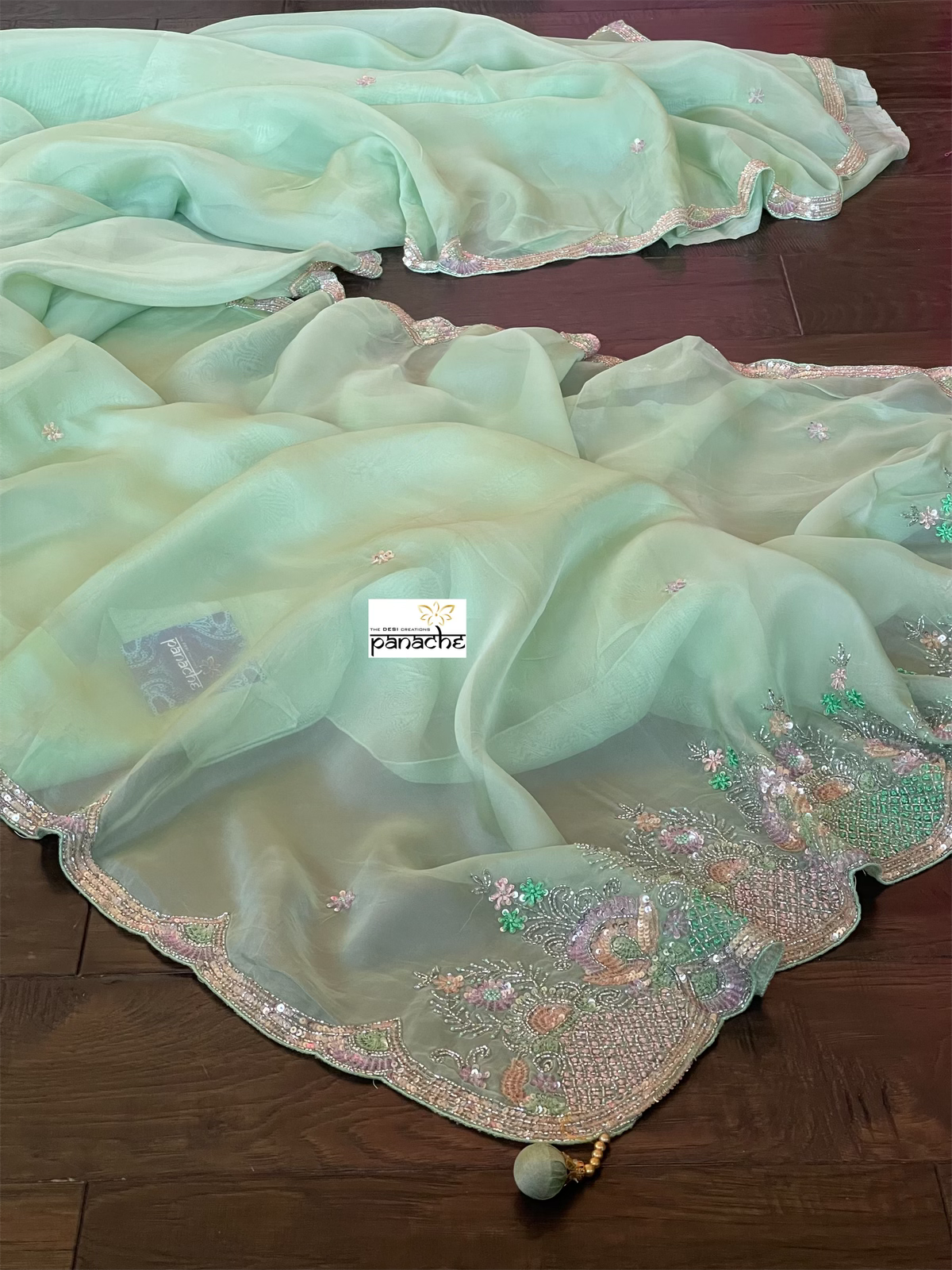 Designer Satin Organza - Mint Hand Embroidered