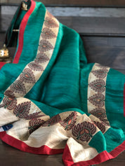 Designer Tussar Gicha Silk - Green Zari Motifs