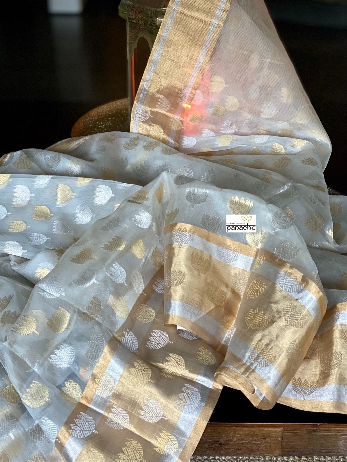 Pure Chanderi Organza Silk - Off White Eknaliya Lotus Woven