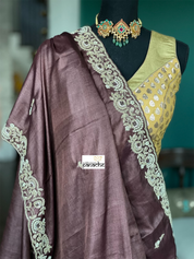 Designer Tussar Silk - Dark Coffee Brown Hand Embroidered