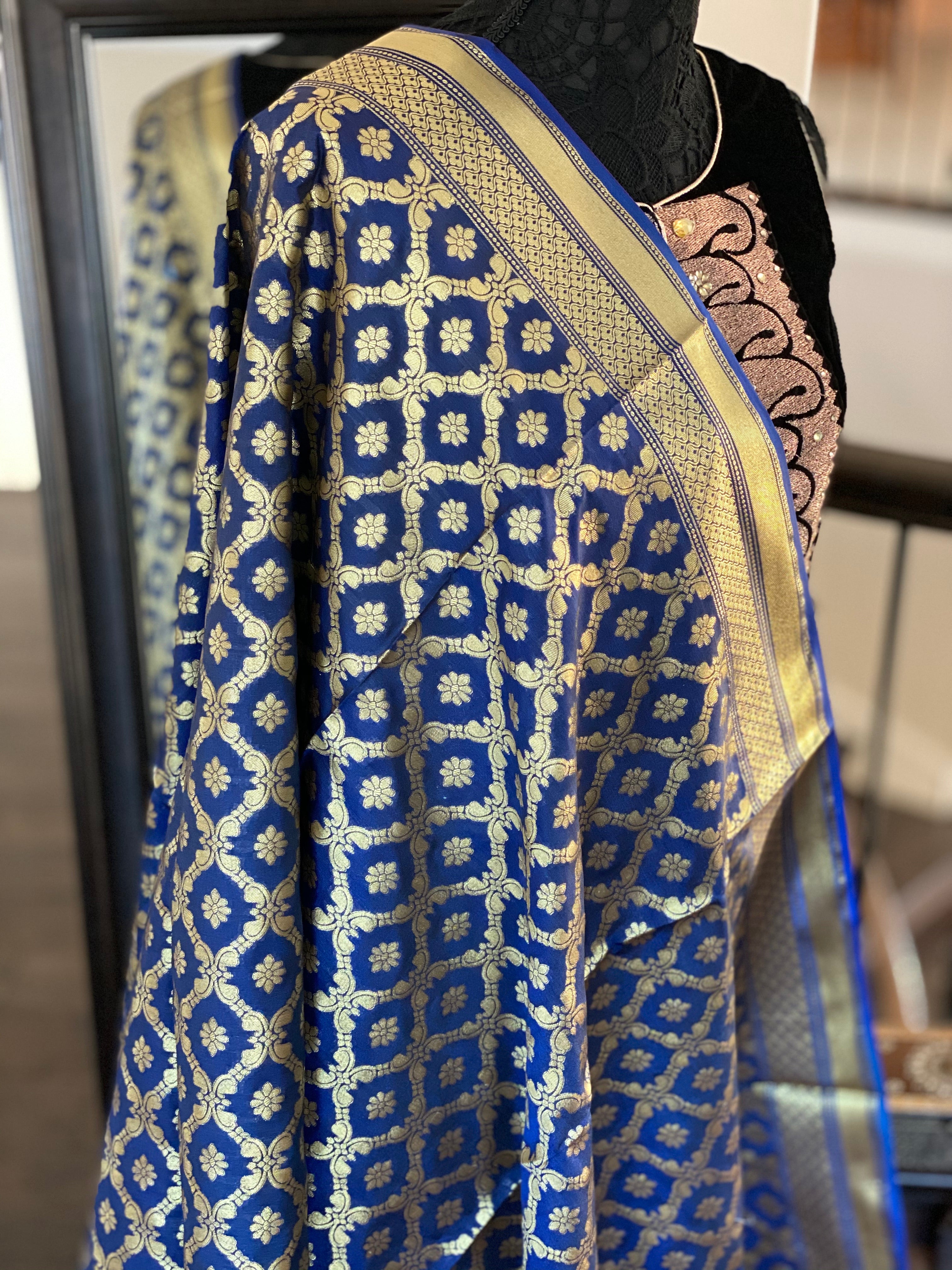Silk Cotton Dupatta - Blue Golden Zari
