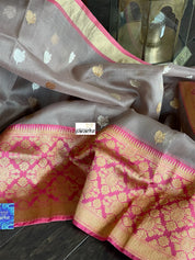 Pure Kora by Katan Silk Kadwa Banarasi - Light Grey Mauve Antique Zari