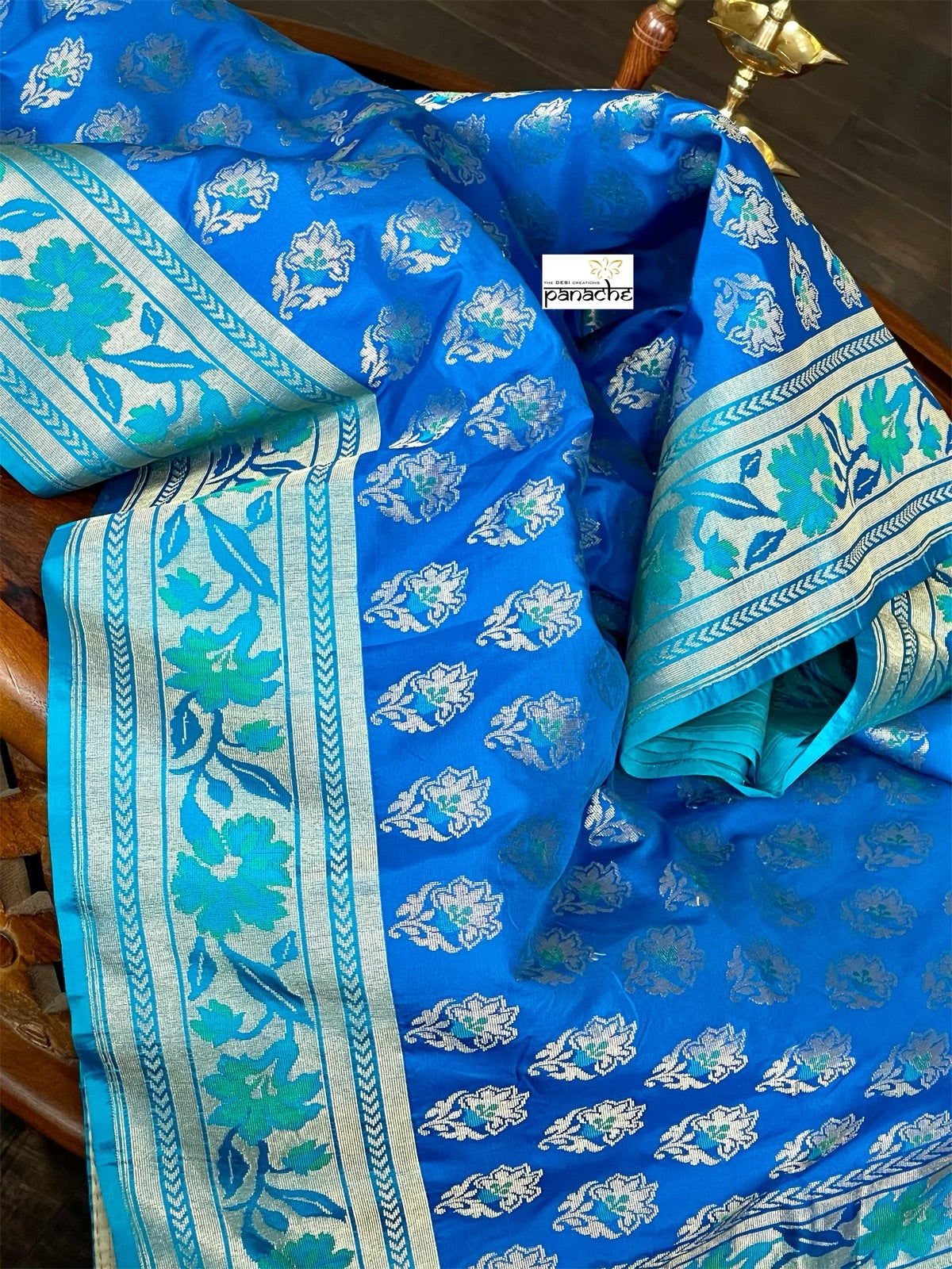 Pure Katan Silk Banarasi - Royal Blue Firozi Antique Zari