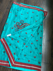 Designer Tussar Gicha Silk - Teal Green Peacock embroidered