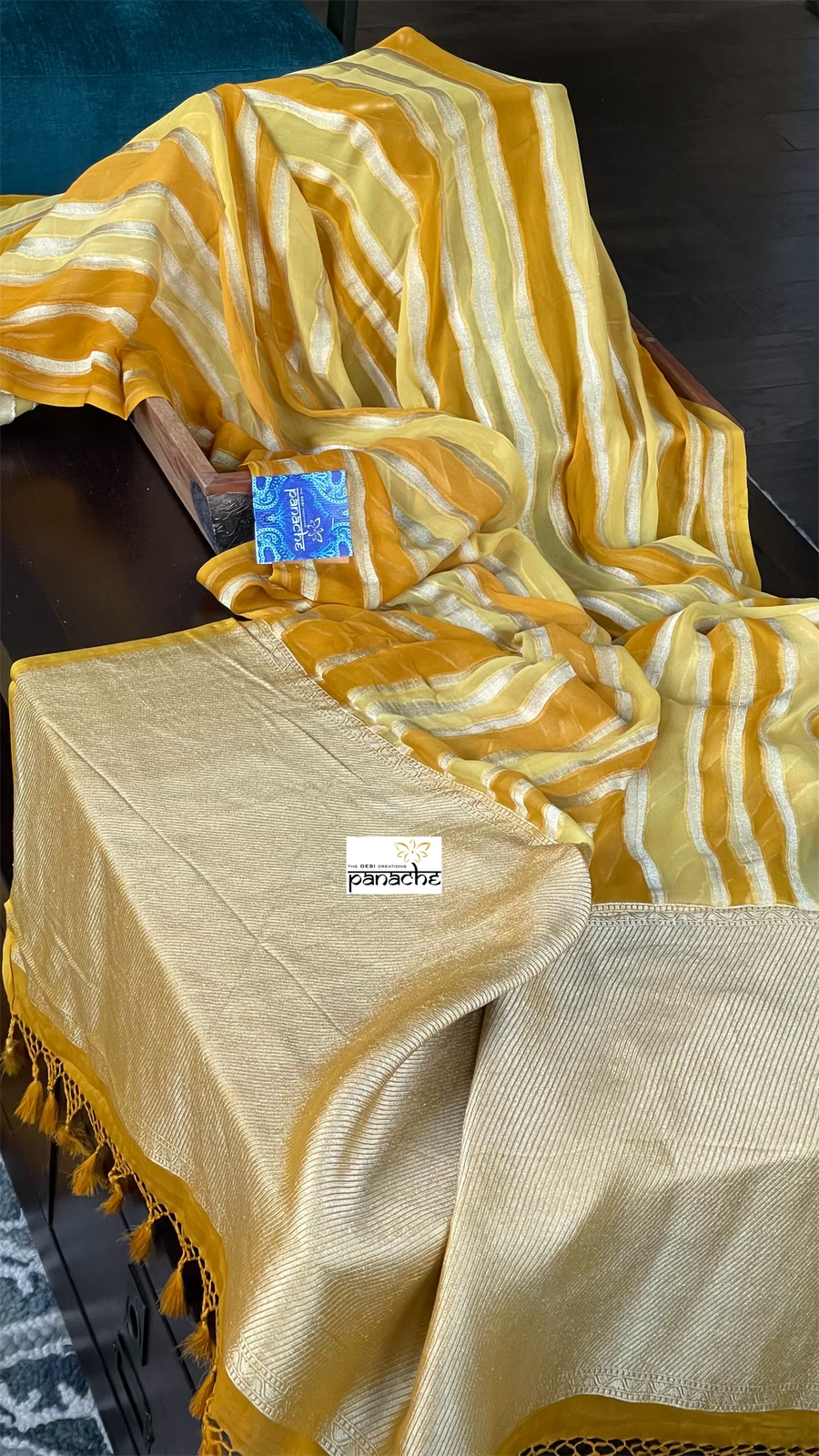 Khaddi Georgette Banarasi - Off-White Ochre Yellow Striped