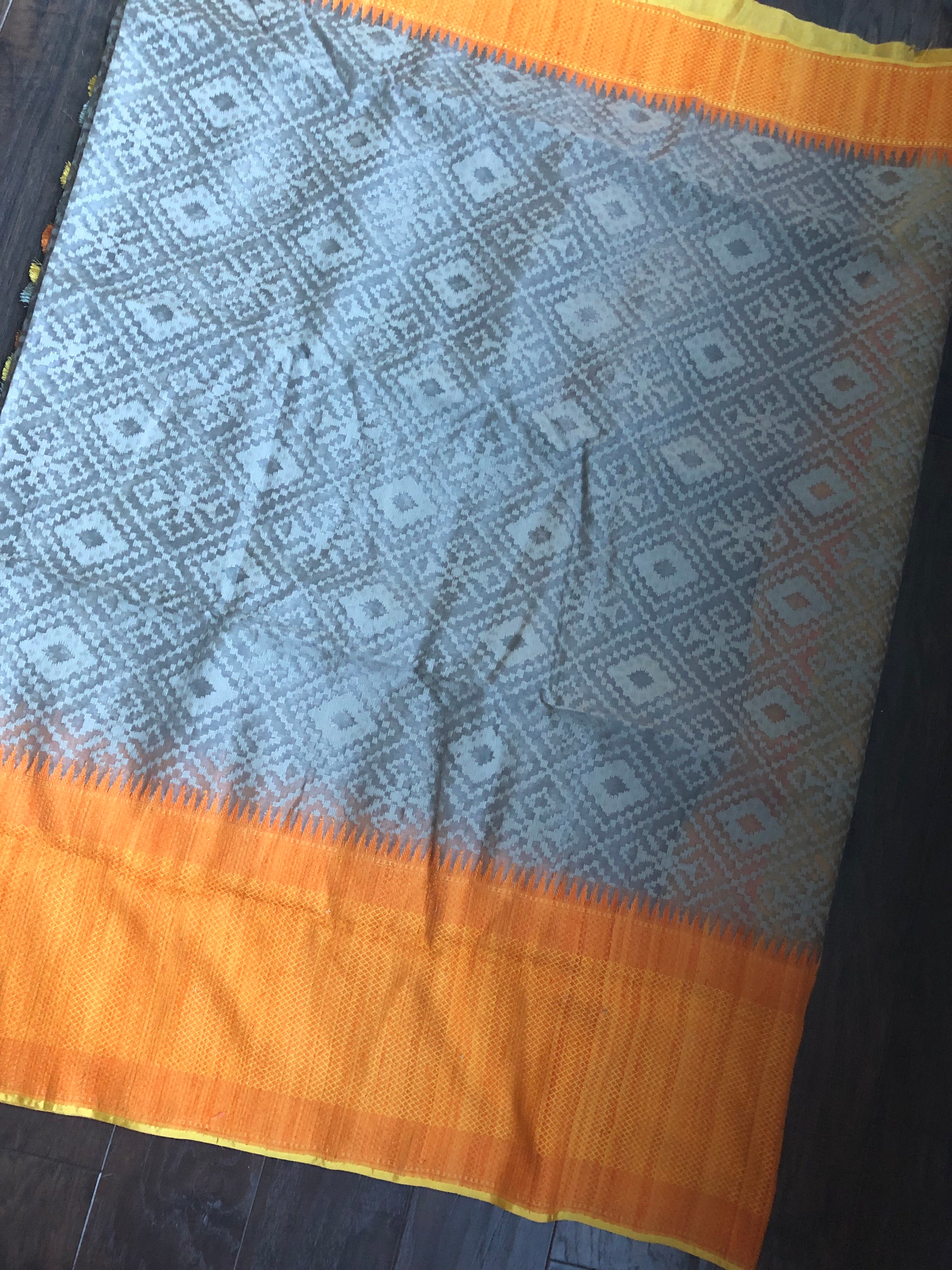 Kora Tussar Jamdani Banarsi - Grey Orange Golden Zari
