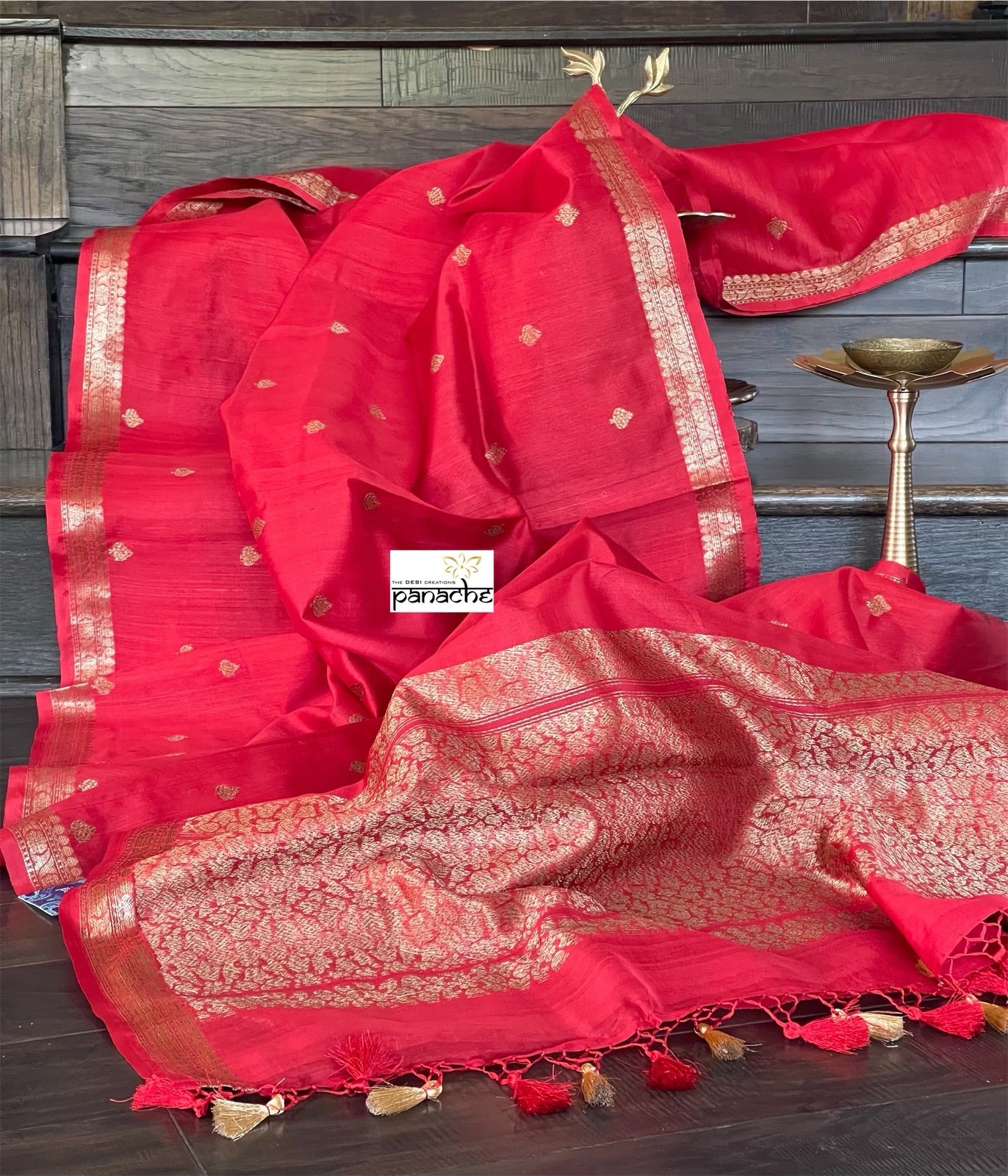 Tussar Silk Banarasi - Red Jewel Tone
