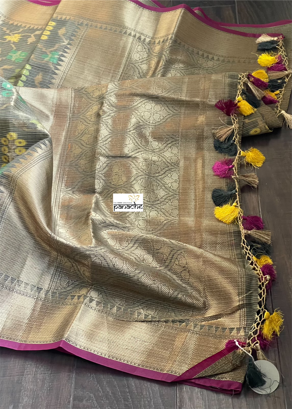 Cotton Silk Banaras Chanderi - Grey Yellow Green Woven