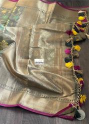 Cotton Silk Banaras Chanderi - Grey Yellow Green Woven