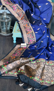 Katan Silk Banarasi -  Navy Blue Kadwa